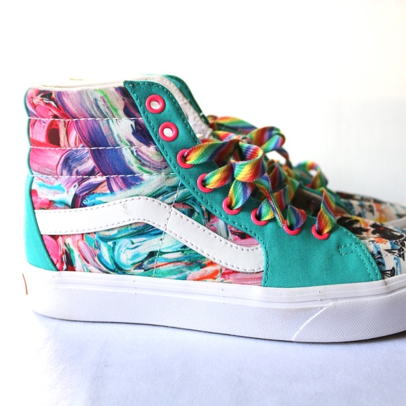 Like NEW Vans High Top Sneakers Teal Palm Trees Rainbow Laces Women's 7.5 Mens 6 - Picture 3 of 12